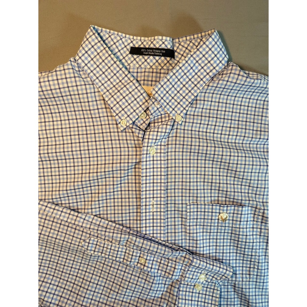 Cotton Brothers Mens XL Blue White Check Long Sleeve Button Down Shirt Cotton